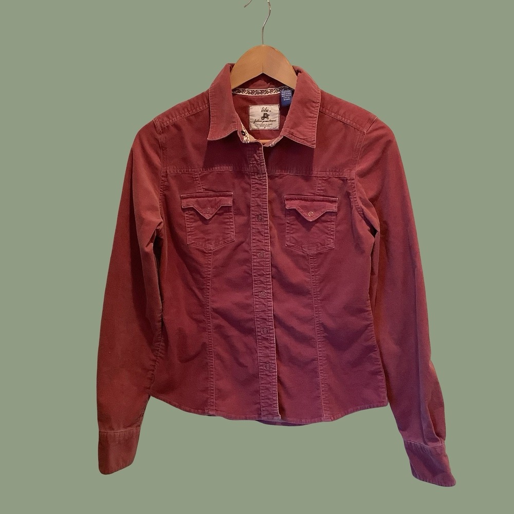 Lilu Follow Your Heart Pink Corduroy Long Sleeve Western Top Womens Shirt Sz M